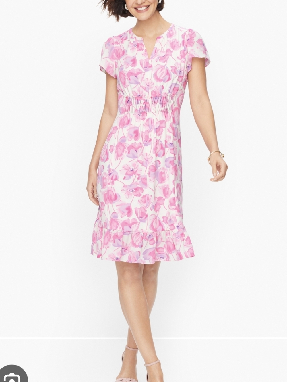 Talbots Flounce Hem Spring Poppies Midi Dress sz 4 Pink Ivory Chic Garden Party